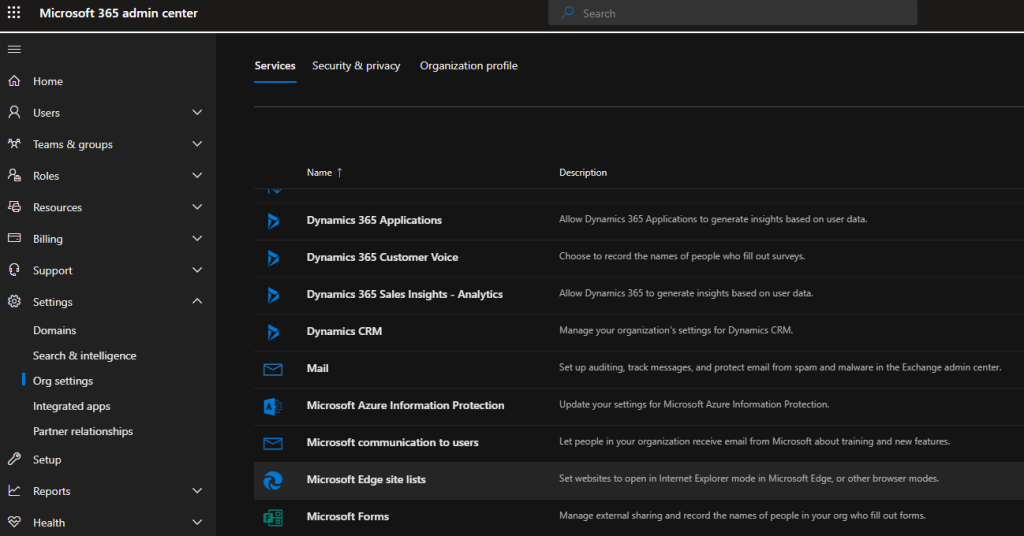 Microsoft 365 Admin Center – Microsoft Edge site lists